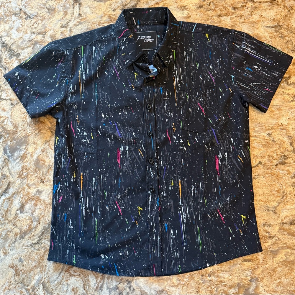 7 Strong Black Artistic Youth Button Down Shirt with Paint Splatter Design